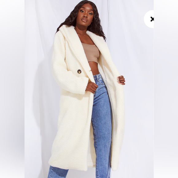 Pretty Little Thing Cream Borg Teddy Midi Coat - Picture 9 of 14